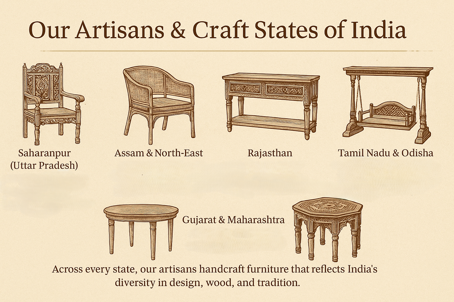 Map of India showing major craft regions where VintCaneCraft artisans work, representing traditional wooden craftsmanship from across states like Uttar Pradesh, Rajasthan, Assam, Tamil Nadu, and more.