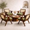 VintCaneCraft Solid Sheesham Wood Rattan Dining Chair with Handwoven Back and Cushioned Seat – Natural & Green (Set of 4)