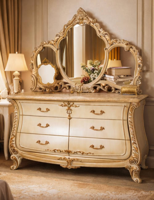 VintCaneCraft Heritage European Style Dressing Chest with Carved Detailing and Mirror - Image 3