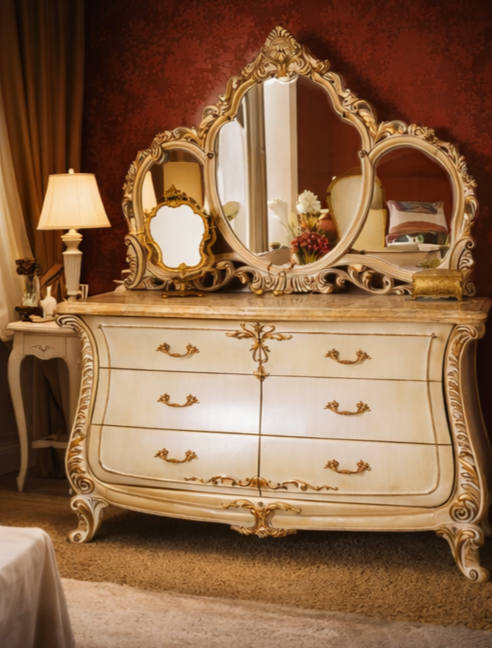 VintCaneCraft Heritage European Style Dressing Chest with Carved Detailing and Mirror