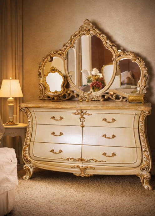 VintCaneCraft Heritage European Style Dressing Chest with Carved Detailing and Mirror - Image 2