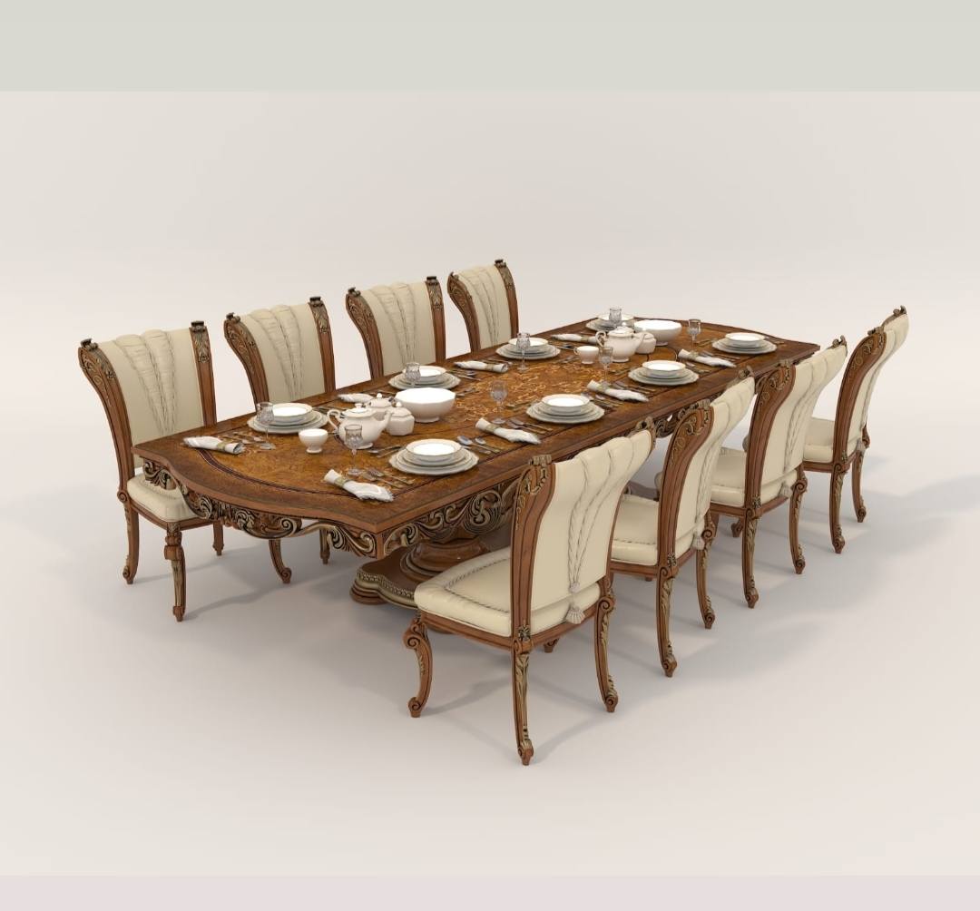 VintCaneCraft Eight Seater Solid Teak Wood Rectangular Glass Top Dining Table Set with Armrest Chairs
