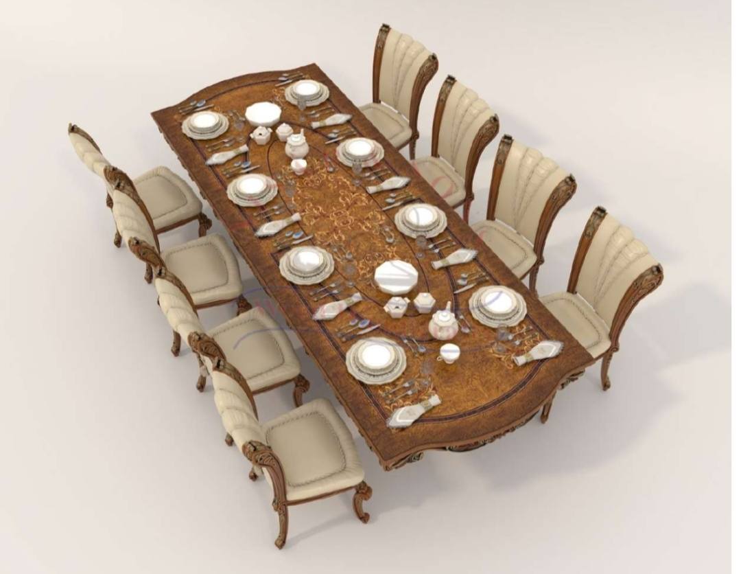 VintCaneCraft Eight Seater Solid Teak Wood Rectangular Glass Top Dining Table Set with Armrest Chairs - Image 5