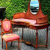 VintCaneCraft Walnut Finish Kidney-Shaped Vanity Table with Upholstered Chair and Oval Mirror
