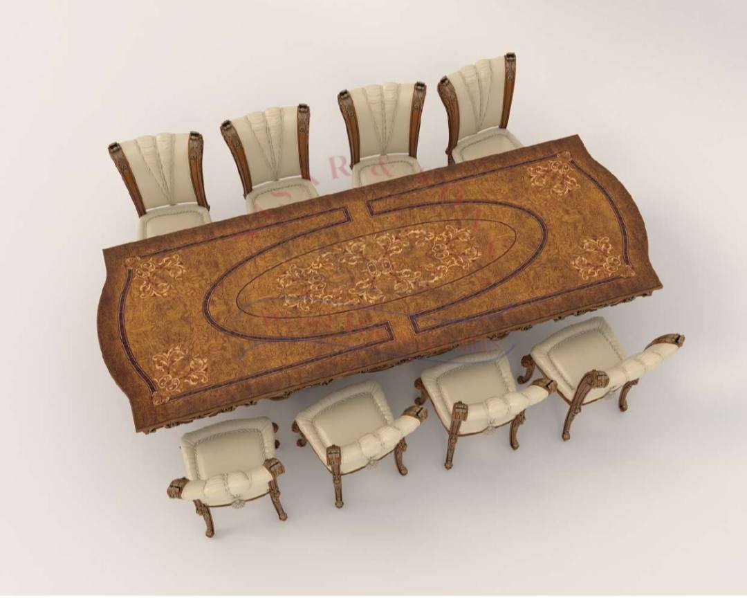 VintCaneCraft Eight Seater Solid Teak Wood Rectangular Glass Top Dining Table Set with Armrest Chairs - Image 6