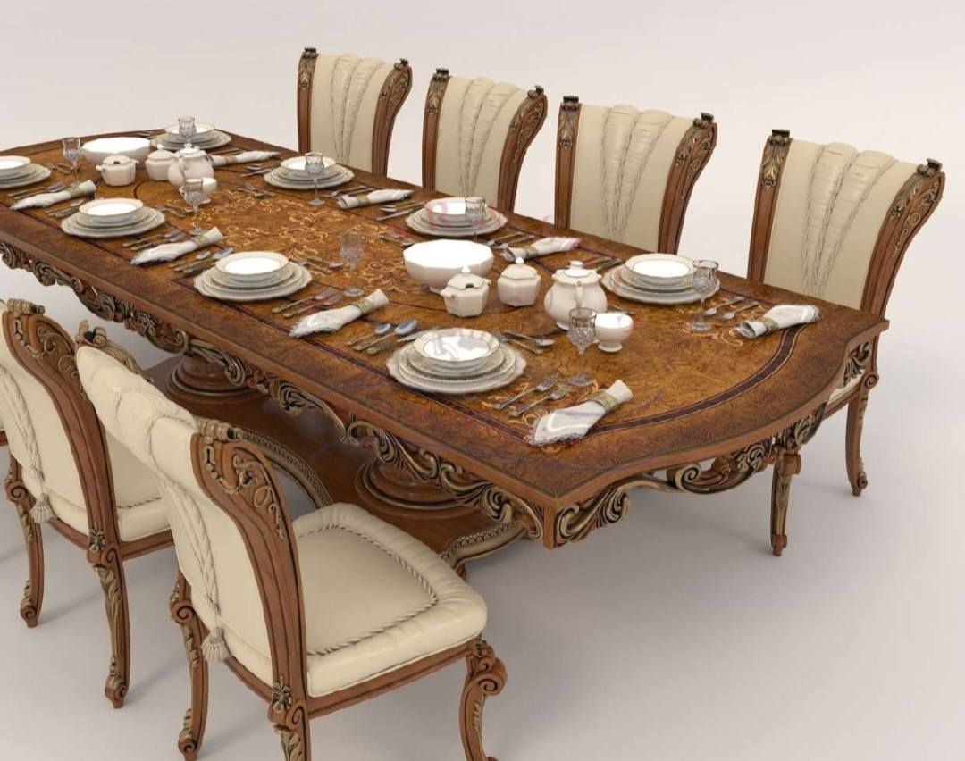 VintCaneCraft Eight Seater Solid Teak Wood Rectangular Glass Top Dining Table Set with Armrest Chairs - Image 3