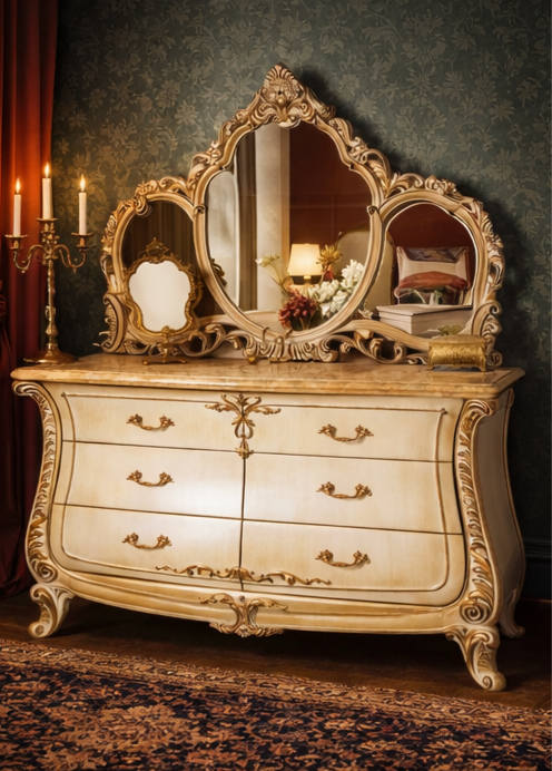 VintCaneCraft Heritage European Style Dressing Chest with Carved Detailing and Mirror - Image 4