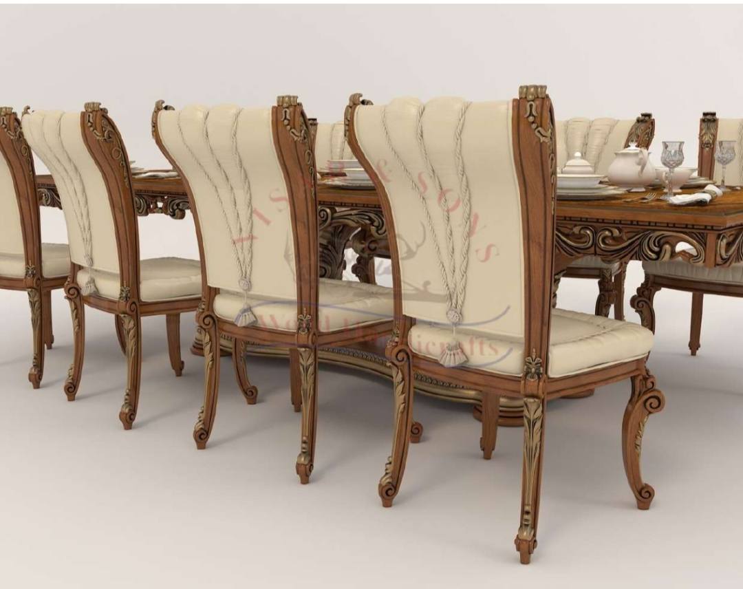 VintCaneCraft Eight Seater Solid Teak Wood Rectangular Glass Top Dining Table Set with Armrest Chairs - Image 4