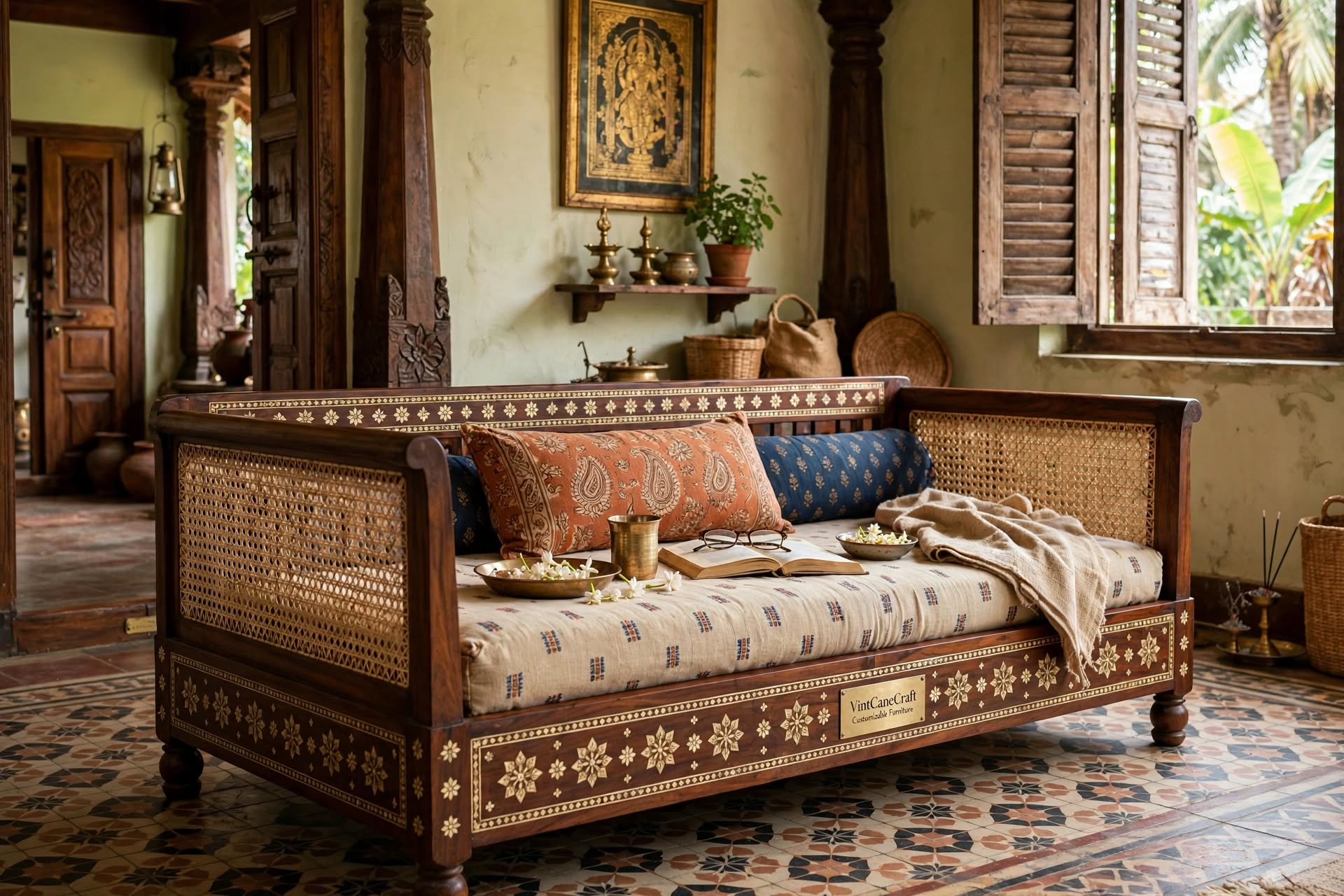 Chettinad Diwan Day Bed with Brass & Cane - VintCaneCraft